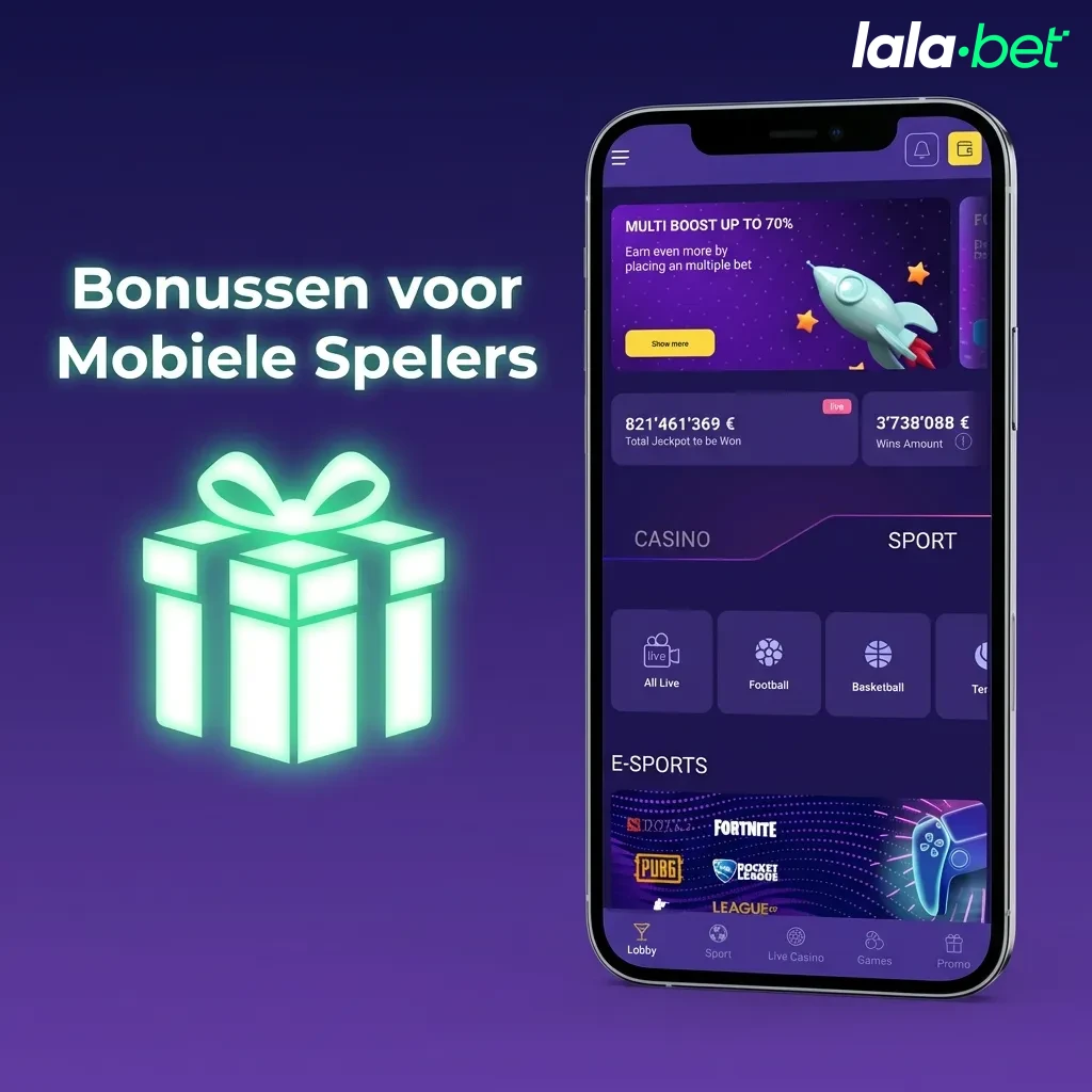 Mobiele casino-app met bonusaanbiedingen, waaronder een welkomstbonus, herlaadbonus en promoties voor gratis weddenschappen, weergegeven op het scherm van een smartphone.