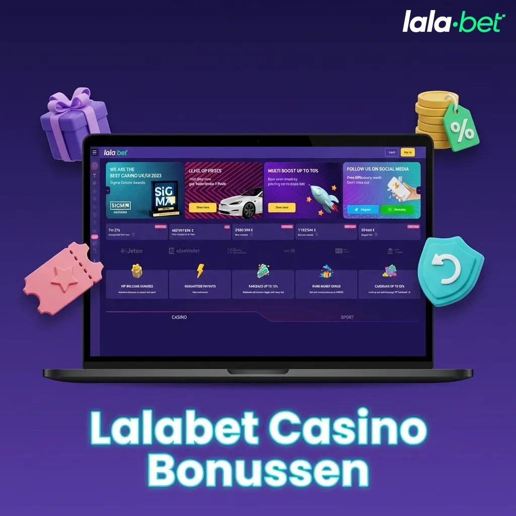 Lalabet Casino bonus offers including welcome bonus, reload promotions, free spins Friday, and weekly cashback rewards